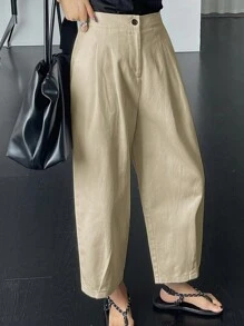 DAZY 女士纯色前扣简约休闲长裤，教师裤 - 卡其色 - 查看 1