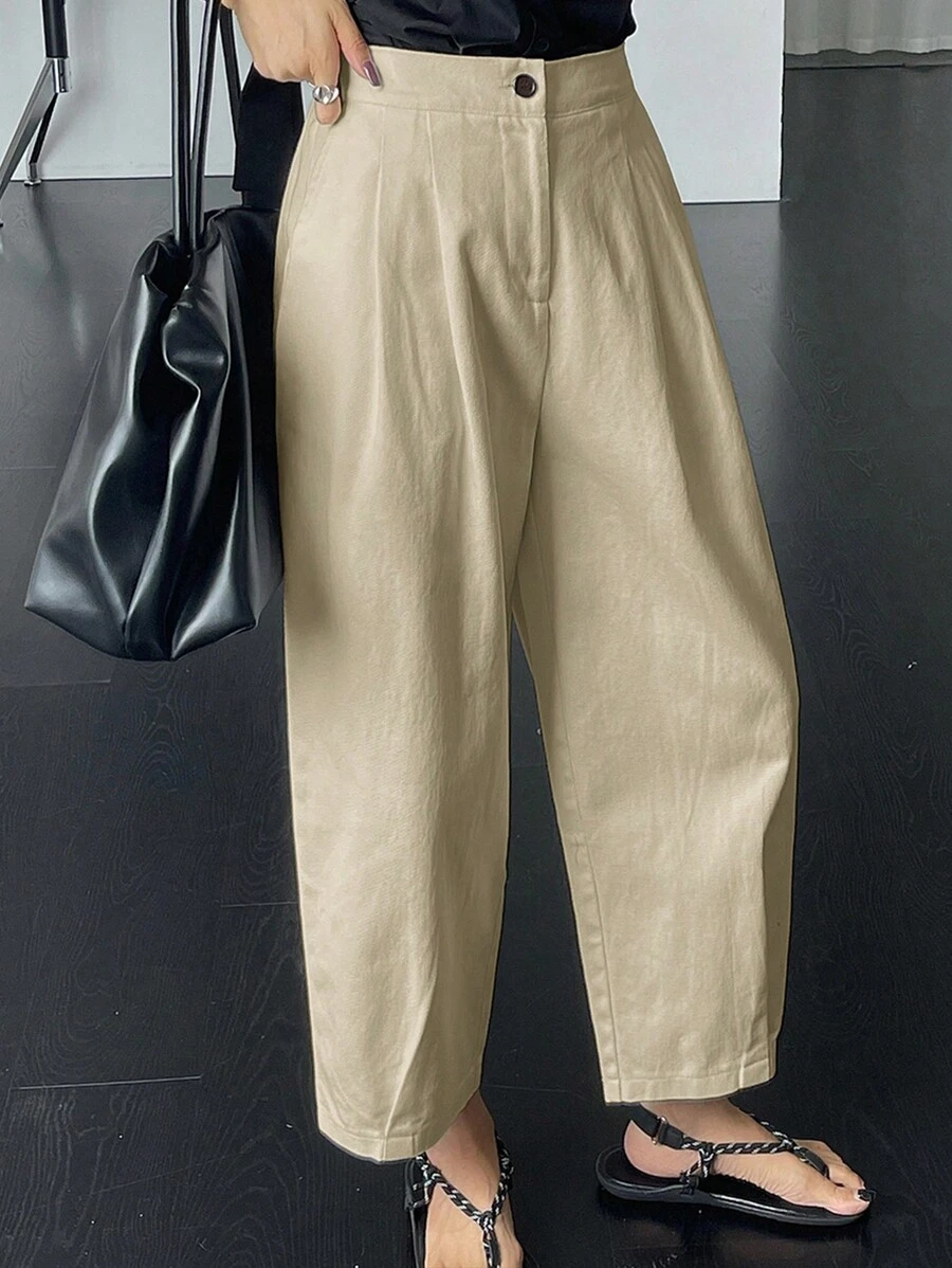 DAZY 女士纯色前扣简约休闲长裤，教师裤 - 卡其色 - 查看 1