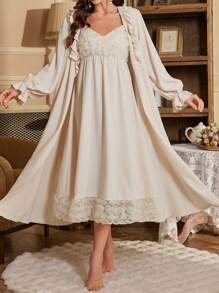 PalaceNights 2pcs Set Layered Ruffle Collar Long Sleeve Belted Robe & 3D Rose Slip Sleep Dress Pajama, Fall Winter Clothes - Apricot - View 4