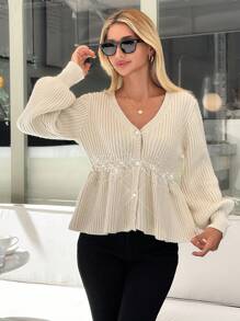 EURMUSE Pearl Accent A-Line Flared Sleeves Casual Cardigan, Spring/Fall - Apricot - View 6