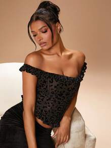 Hauture Top sexy de hombros descubiertos con estampado leopardo en felpa - Negro - Ver 5