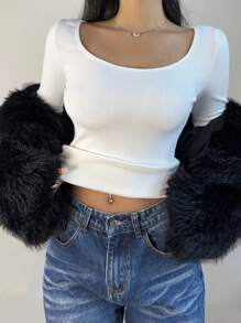 SHEIN BASICS Women's Casual Solid Color Knit Scoop Neck Long Sleeve Slim Fit T-Shirt, Upgraded Thermal Fabric, Thermal Lined Without Bulkiness, Slim Fitted Stretch Undershirt Tee Blouse For Fall And Winter