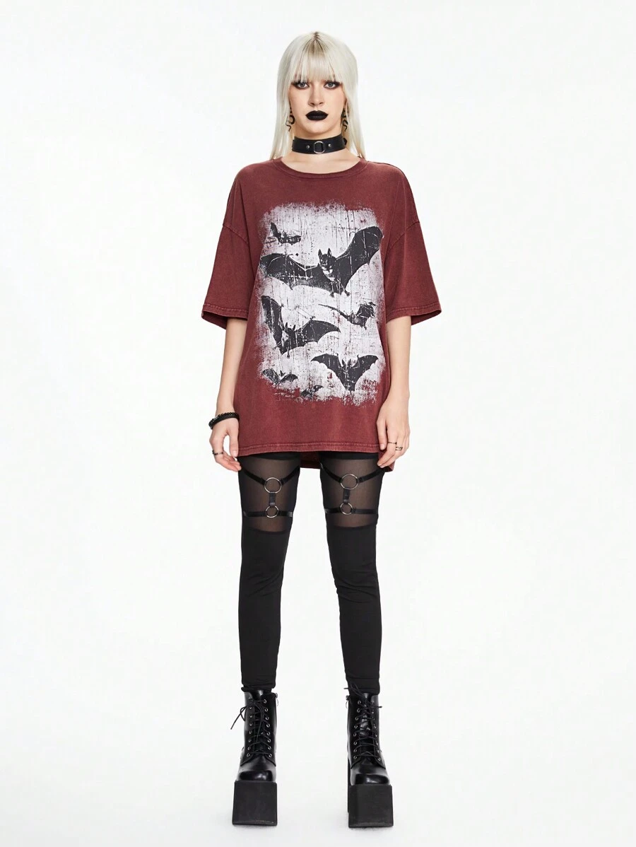 ROMWE Goth Áo thun nữ cổ tròn vai trễ vai cánh dơi in họa tiết hiệu ứng cổ điển giặt tuyết mùa hè - Gỗ đỏ - Xem 1
