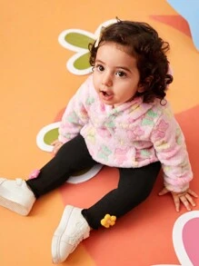 SHEIN 2pcs Baby Girls' Floral Print Hoodie Sweatshirt And Pants Set With 3D Small Flowers, Cute Outfit For Outdoor