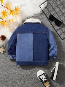 SHEIN 男婴休闲柔软可爱配色仿旧洗水蓝色牛仔保暖内衬泰迪夹克，适合男婴秋冬装