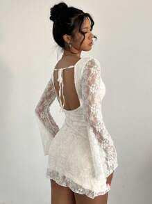 Aloruh Women's Elegant Lace Backless Tie-Up Long Sleeve Mini Dress,White Graduation Dress - White - View 1