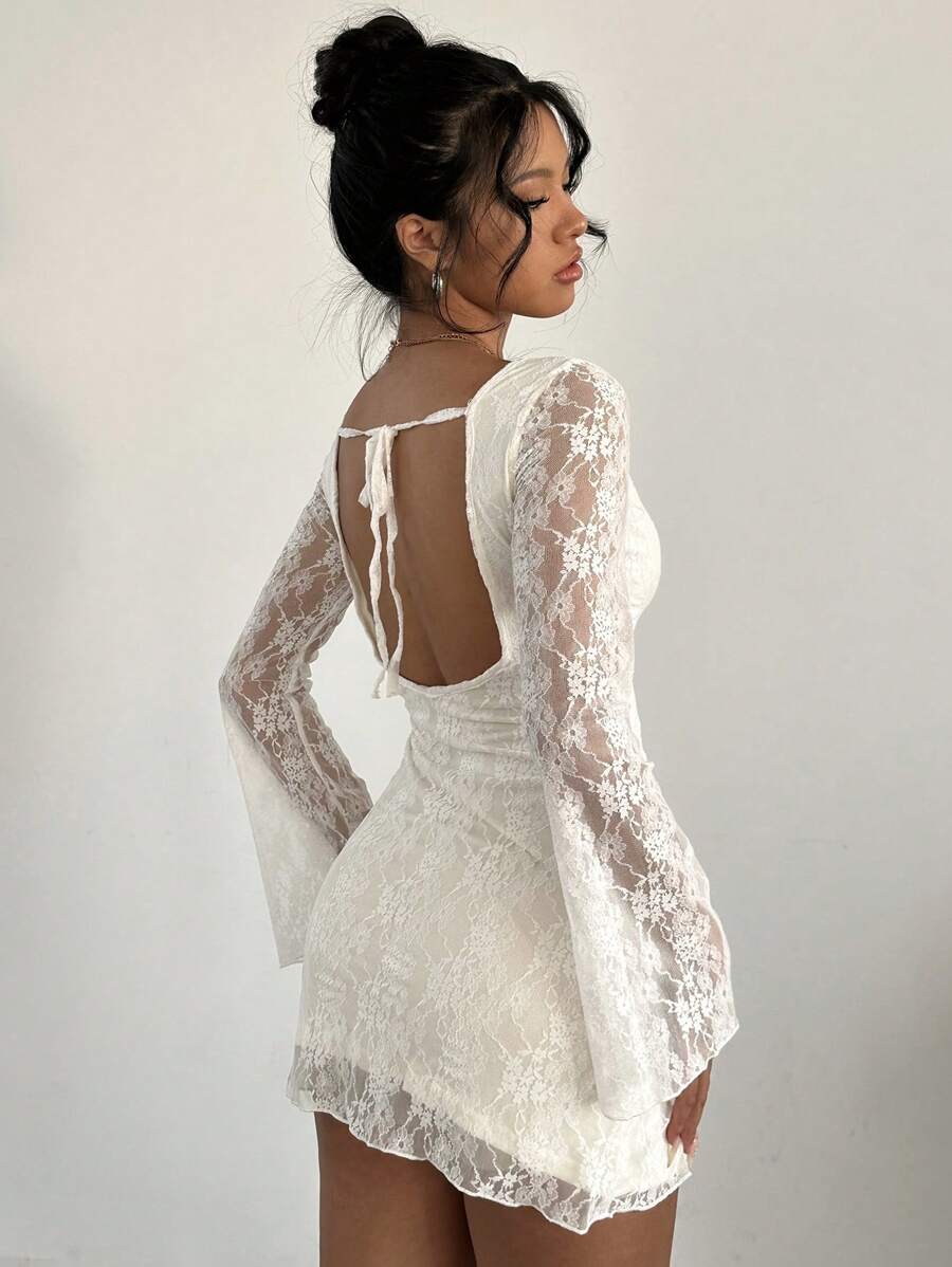 Aloruh Women's Elegant Lace Backless Tie-Up Long Sleeve Mini Dress,White Graduation Dress - White - View 1