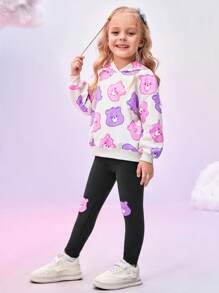 SHEIN X Care Bears 年轻女孩 2 件套卡通熊印花连帽运动衫和紧身裤套装 - 彩色 - 查看 7