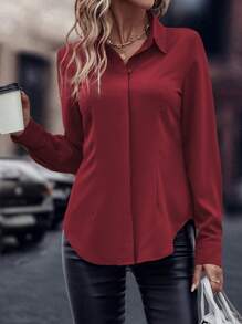 SHEIN LUNE 女士春夏纯色长袖单排扣休闲办公室秋季衬衫新年衣服女式衬衫，长袖上衣 - 紅色 - 查看 3