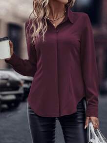 EMERY ROSE Solid Color Button Down Long Sleeve Casual Shirt Fall Cloth For Women - Red Violet - View 3