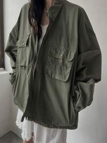 DAZY Women's Casual Loose Zip-Up Jacket With Large Pockets - Army Green - View 3