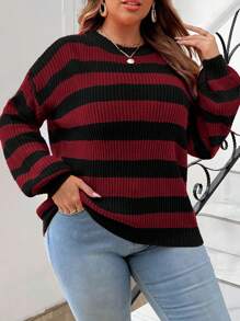 Nubod Suéter casual de cuello redondo, hombros caídos y manga larga con diseño de rayas para mujer de talla grande, para otoño/invierno - Burdeos - Ver 4