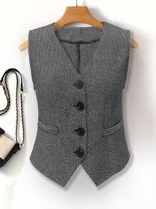 女士黑白人字纹修身背心 - 黑與白 - 查看 1