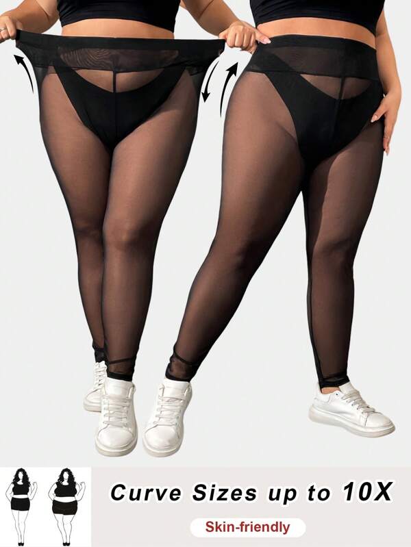 SHEIN CURVE+ Plus Size Women's Plain See-Through Mesh Leggings