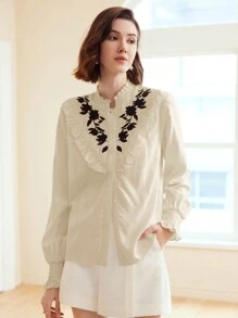 MOTF PREMIUM LINEN CONTRAST EMBROIDERY FLORAL SHIRRED FRILL MOCK NECK FLARE SLEEVE BLOUSE