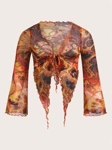 SHEIN ICON Plus Allover Print Knot Front Trumpet Sleeve Mesh Top - Multicolor - View 3