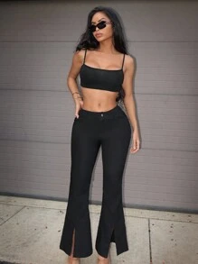 Zolique Women's Solid Color Front Button Minimalist Flare Pants, Casual Everyday Wear Fall Cloth For Women - Black - View 1