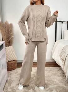 SHEIN RusticEase 2 bộ áo len dài tay hở vai cổ tròn màu trơn xẻ tà và quần dệt kim thường ngày cho nữ, mùa thu đông - Màu Khaki - Xem 3