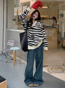 DAZY Áo len cổ chữ V tay dài in họa tiết động vật nhiều màu cho nữ, Quần áo mùa thu cho nữ - Nhiều màu - Xem 6