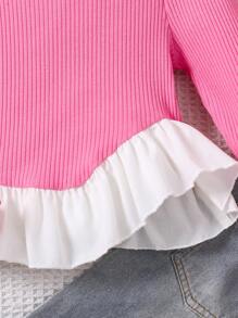 SHEIN Genkimix Kids 年轻女孩T恤，休闲乡村百搭百搭，适合春秋冬 - 玫紅色 - 查看 3