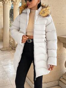 RueChic 毛皮和拉链加厚长款石色长款夹棉夹克