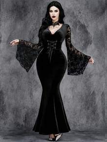 Women Gothic Metal Waist Halloween Sleeve Lace Lace Patchwork Fishtail Dress - Black - View 3