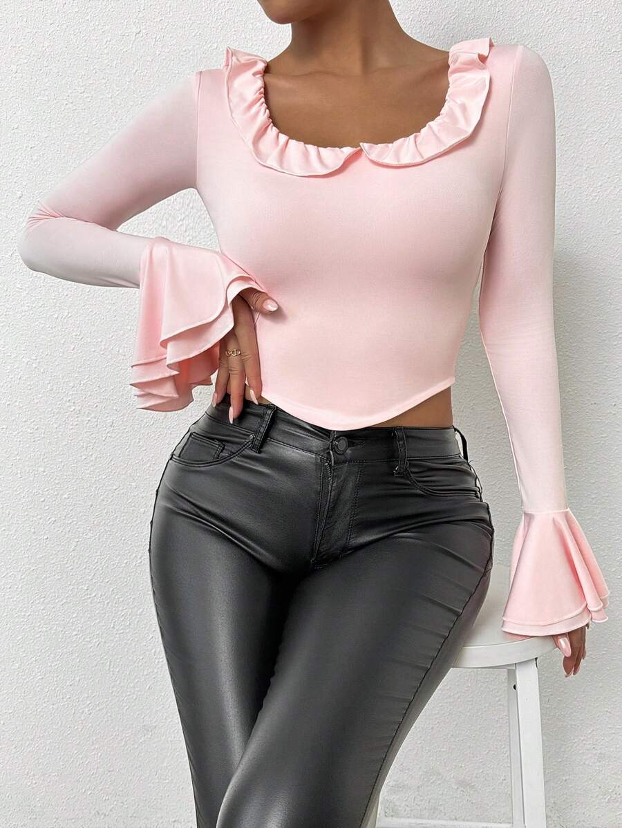 Chiquease Elegant Ruffle Trim Round Neck T-Shirt Fall Cloth For Women - Baby Pink - View 1