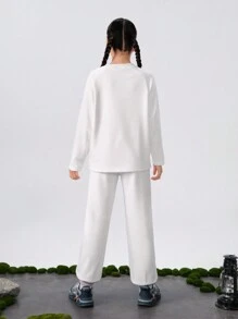 SHEIN 少女冬季毛绒套头卫衣和运动裤套装，休闲撞色运动套装，适合学校、街头和日常穿着 - 白色 - 查看 2