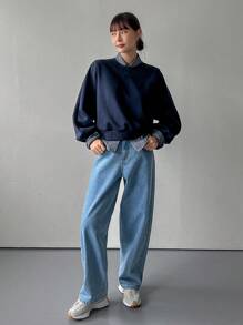 DAZY 女式纯色圆领长袖宽松休闲羊毛运动衫秋冬季 - 藏蓝色 - 查看 2