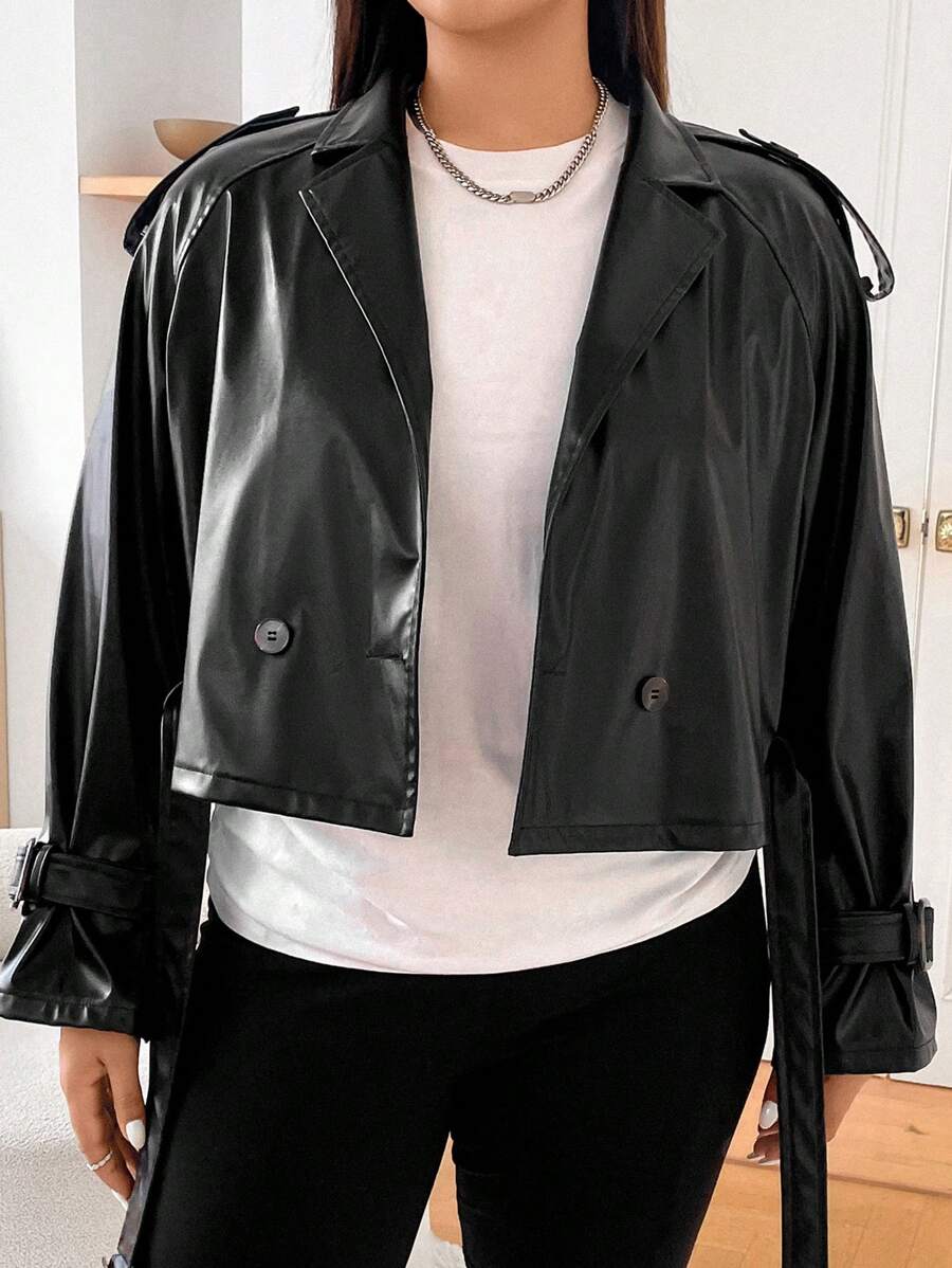 SHEIN EZwear Áo khoác ngắn cổ điển bằng da PU màu đen cỡ lớn - màu đen - Xem 1