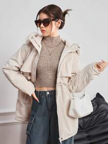 Girl & Teen Girls Casual Cinched Waist Mid-Length A-Line Padded Coat With Fur Collar For Daily Wear, Suitable For Winter