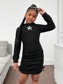 SHEIN Vestido largo con capucha de niña preadolescente, decorado con estrellas brillantes, para otoño/invierno, diseño esponjoso y grueso