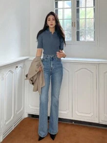 DAZY 女士半袖高领半开襟针织毛衣 - 藍色 - 查看 3
