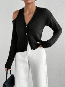 EURMUSE WOMEN CUT OUT DETAILED CASUAL THIN BLACK SWEATER CARDIGAN - Black - View 5