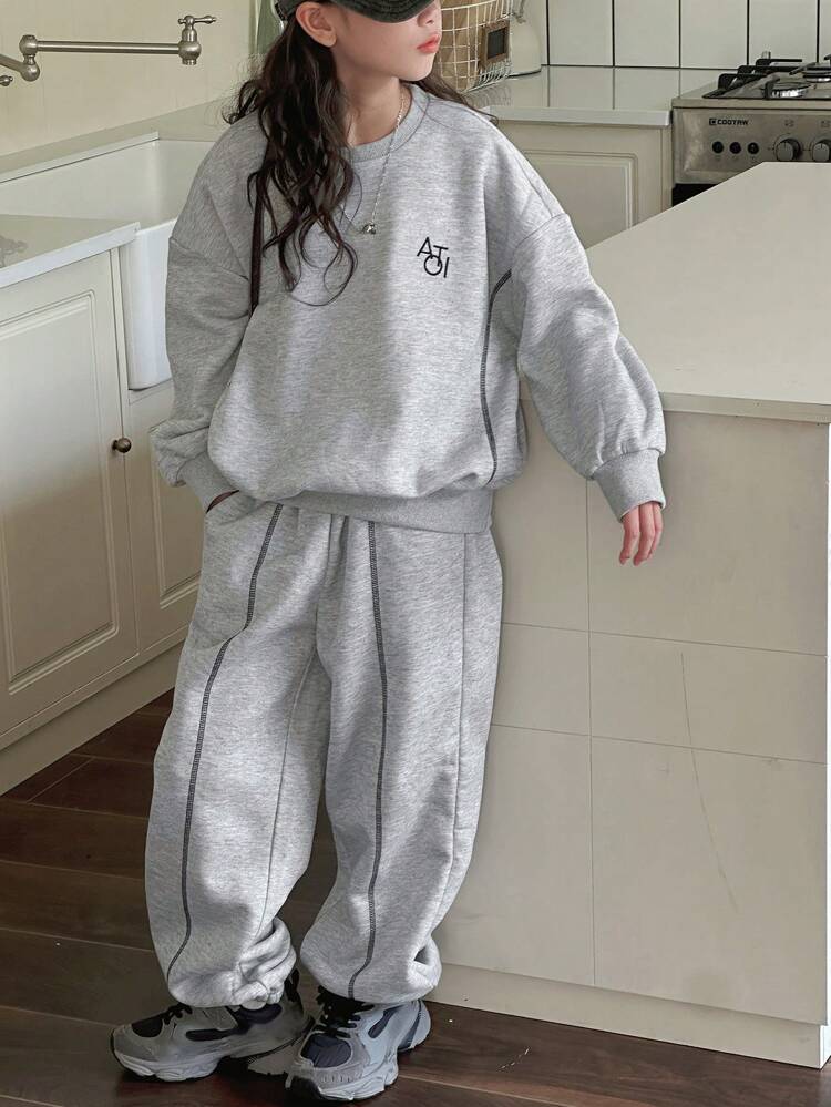 2pcs/Set Tween Girls Letter Embroidery Crew Neck Knit Outfit, Fall