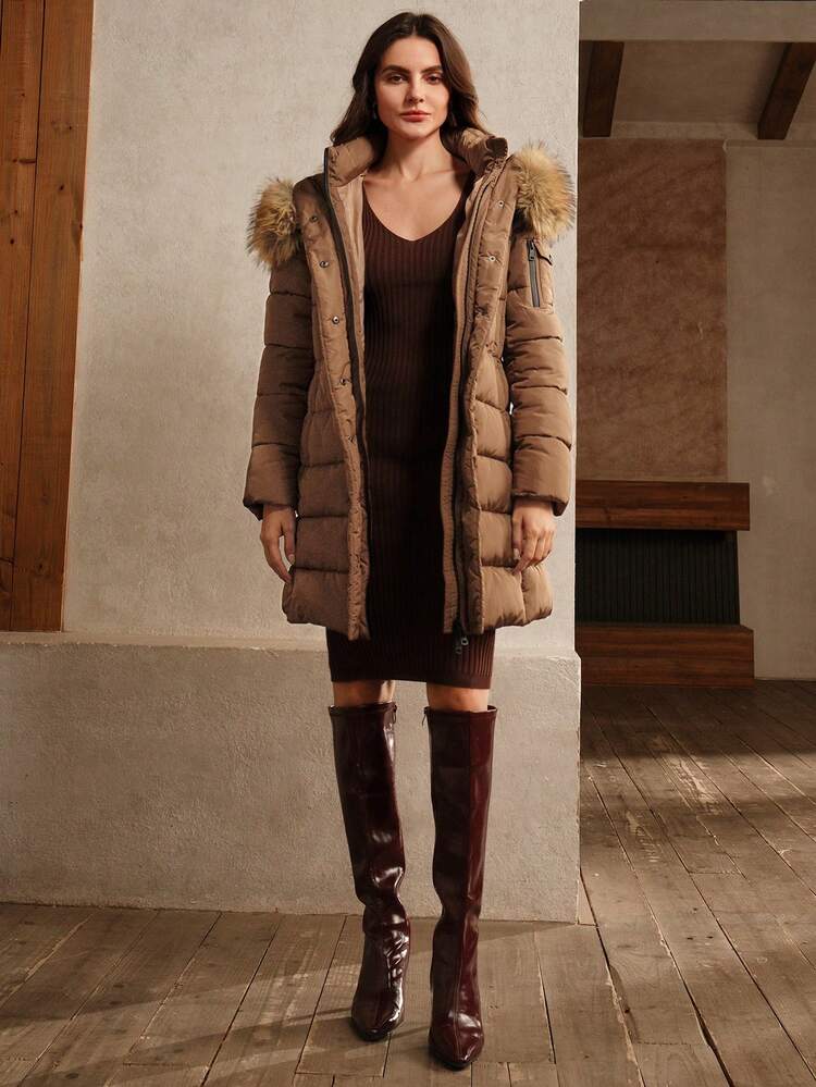 Women's Long Thickened Detachable Hooded Cinched Waist Windproof Zipper Padded Coat, Winter Clothes