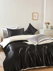 3 件优质黑白双色双面丝滑缎面羽绒被套床上用品套装，柔软透气防皱，助眠效果更佳，豪华酒店风格，送给妈妈爸爸朋友的礼物，被子被套 * 1 枕套 * 2 特大号双人床尺寸宿舍床上用品返校床上用品 - 黑與白 - 查看 2