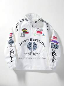 PAVTROS Manfinity Streetrush Men's Long Sleeve Casual Slogan Printed Stand Collar Rave Jacket, Spring Autumn, For Fall - White - View 5