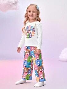 SHEIN X Care Bears Young Girl Colorful Sweet Stack Bear Print Loose Fit Flame Retardant Sleepwear Pajama Set, Including Long Sleeve Top And Pants