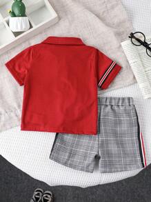 SHEIN Playful Pals 2pcs Baby Boy Casual Striped Dino Embroidery Polo Shirt And Plaid Shorts Set, Spring Summer - Red - View 2