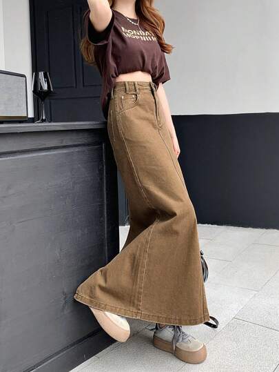 DAZY Women's Casual Long Denim Skirt With Pockets