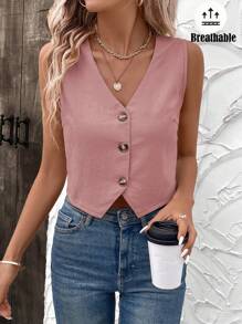 SHEIN LUNE Blusa tipo chaleco con diseño de botones delanteros y cuello en V de unicolor para dama de oficina - Rosa vieja - Ver 6