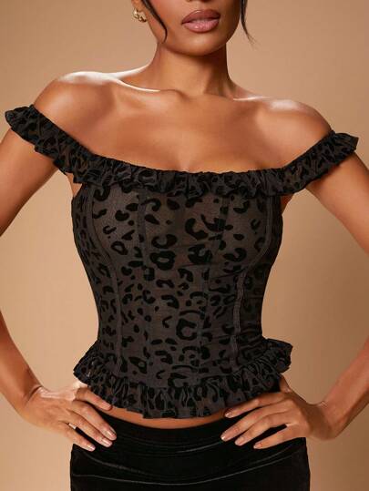 Hauture Top sexy de hombros descubiertos con estampado leopardo en felpa