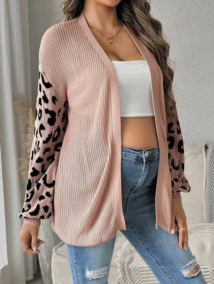 SHEIN Maternity Casual Leopard Patchwork Sweater, Autumn, For Winter - Dusty Pink - View 1