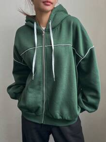 DAZY 女式宽松落肩拼色连帽运动衫，适合休闲穿着，秋冬拉链夹克 - 綠色 - 查看 4