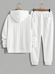 Manfinity VCAY 2 Stück Herren gestrickter, lässiger, weiter Hoodie Sweatshirt mit Dropshoulder und Taschenhose Set, geeignet für den Herbst - Weiss - Übersicht 2