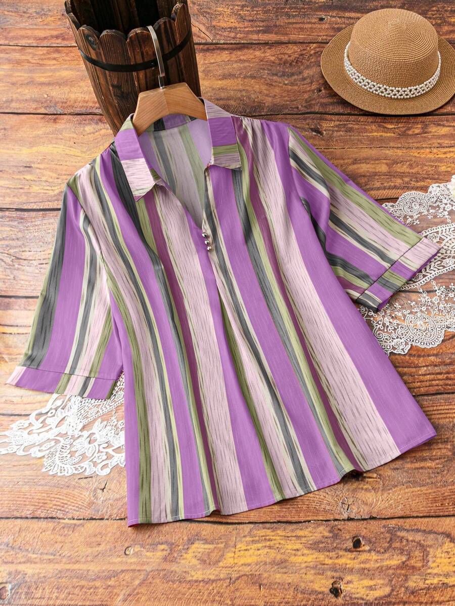 EMERY ROSE Camisa casual de manga corta con rayas, parches y abalorios para tallas grandes - Multicolor - Ver 1