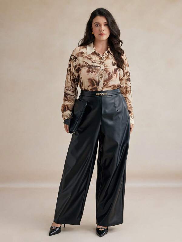 BizChic Plus Size Button Front Long Sleeve Allover Print Shirt, Casual Daily Wear