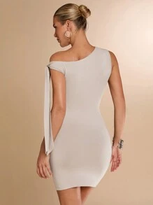 SHEIN BAE Effen grijs eenvoudig veelzijdig elegant asymmetrische hals twist detail mouwloos abrikoos mini-jurk