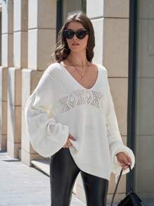 EURMUSE Casual Hollow Out V Neck Drawcord Detailed Balloon Sleeve Oversize Sweater - White - View 6